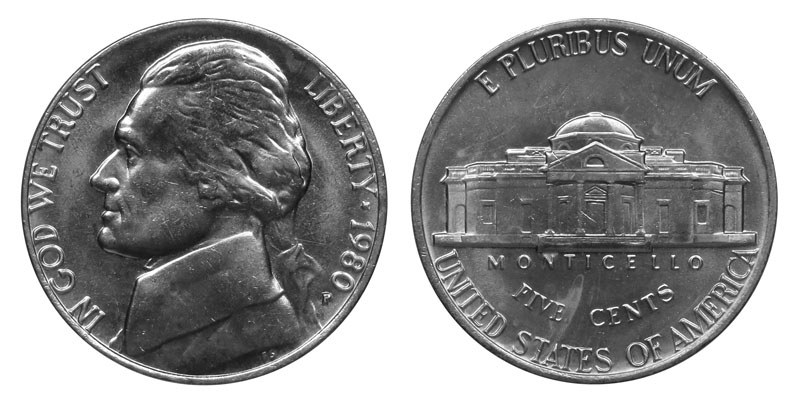Comparison of 1980 Jefferson nickel reverse showing weak steps versus Full Steps designation with sharp separated lines