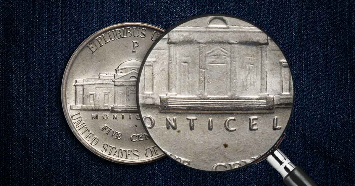 Close-up of 1980 Jefferson nickel Monticello steps showing Full Steps designation with all lines clearly separated