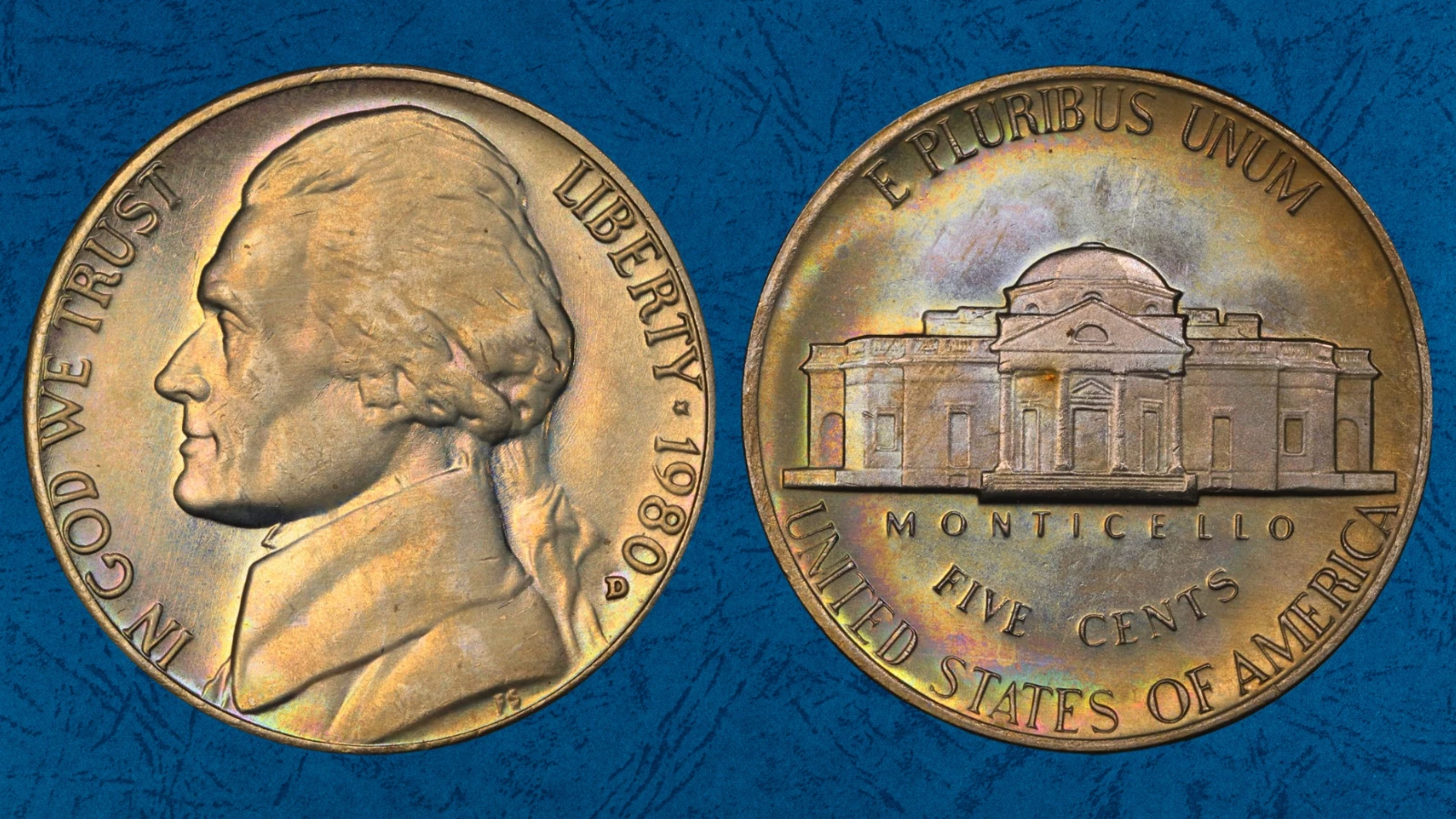 Grading strip showing four 1980 Jefferson nickels representing Worn, Circulated, Uncirculated, and Gem condition states